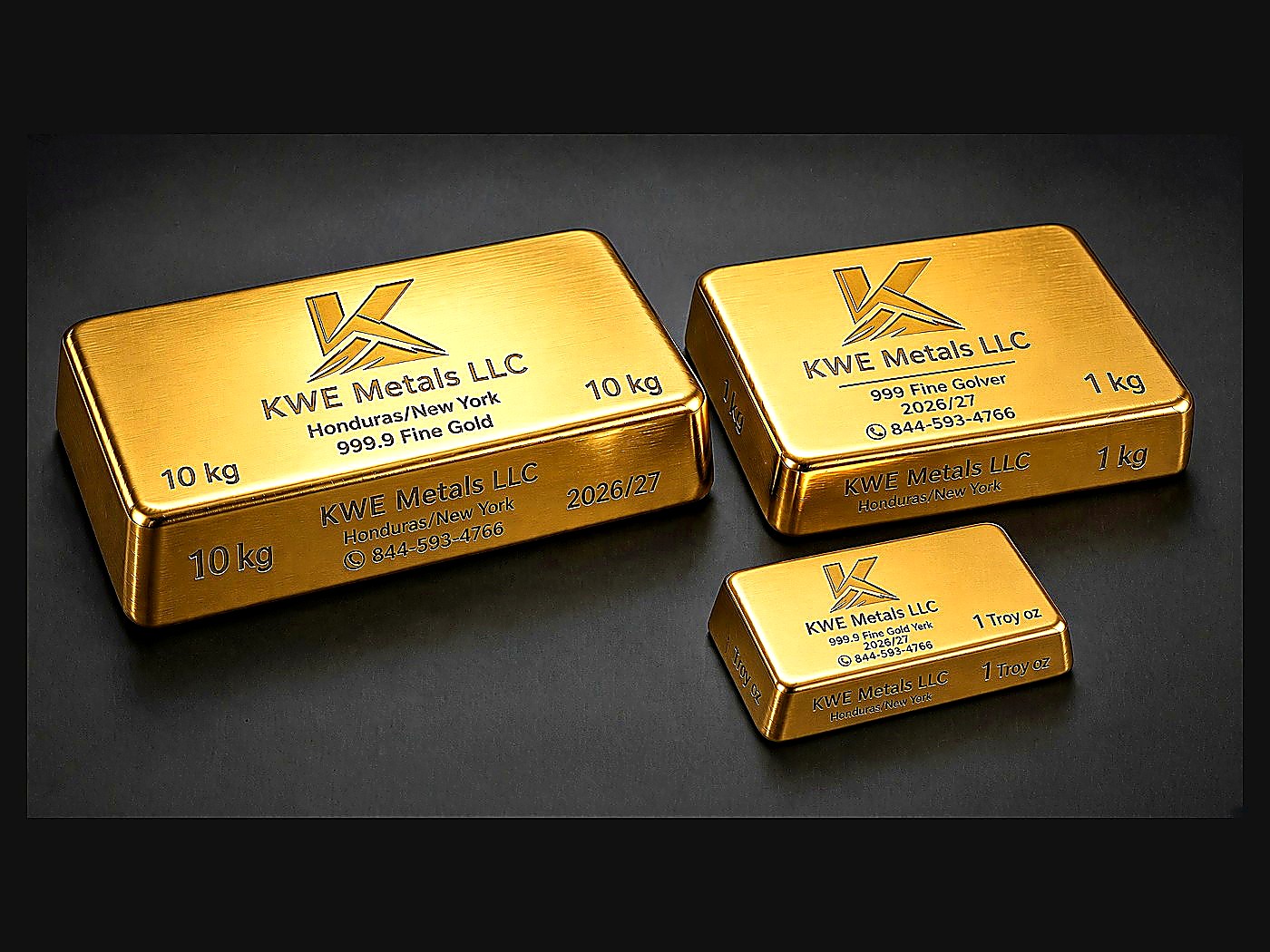 Three KWE Metals branded 999.9 fine gold bars in 10 kg, 1 kg and 1 troy ounce sizes on a dark surface