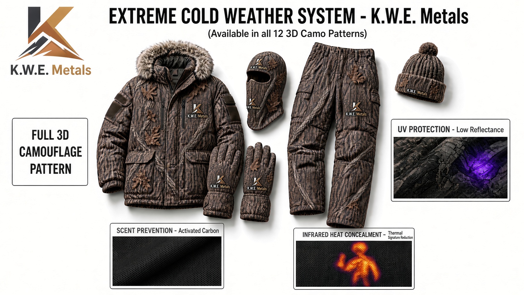 Camo parka, pants, balaclava, beanie and gloves