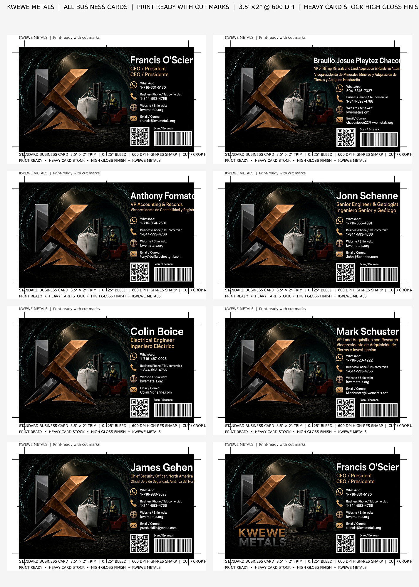 Sheet of KWE Metals business cards for team members including Francis O'Scier, Anthony Formato, Colin Boice, James Gehen, Jonn Schenne and Mark Schuster