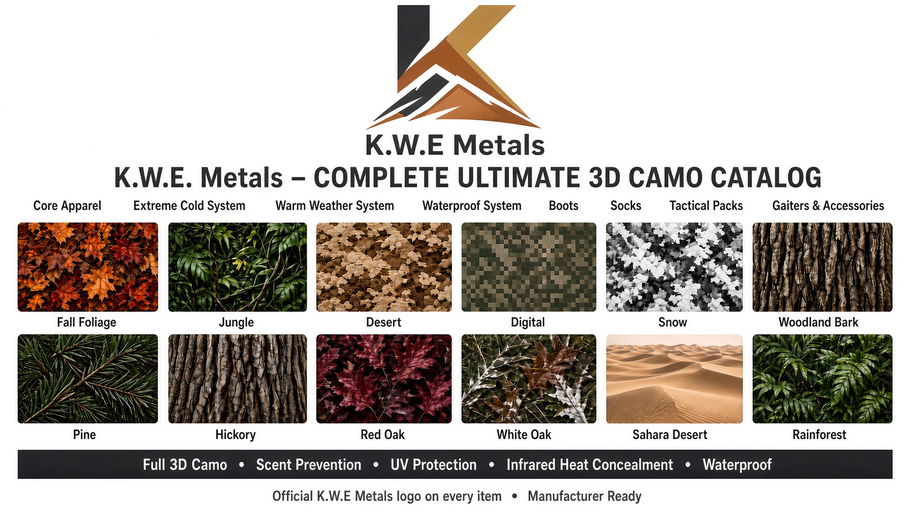 KWE Metals catalog of 12 original 3D camouflage patterns