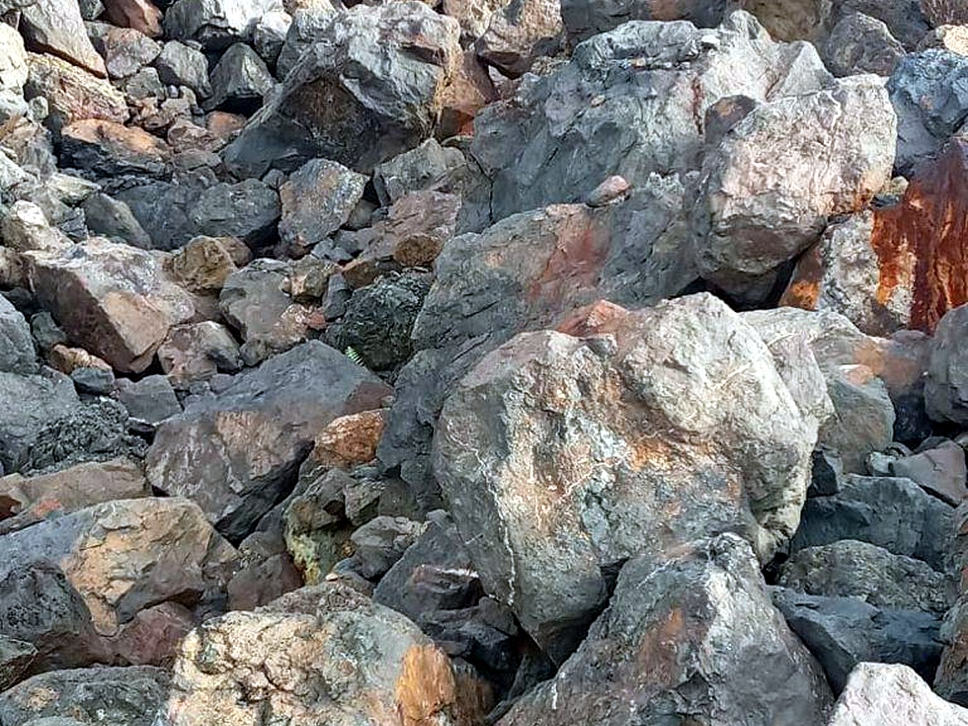 A freshly blasted pile of fragmented grey and rust-coloured rock on a mine working bench
