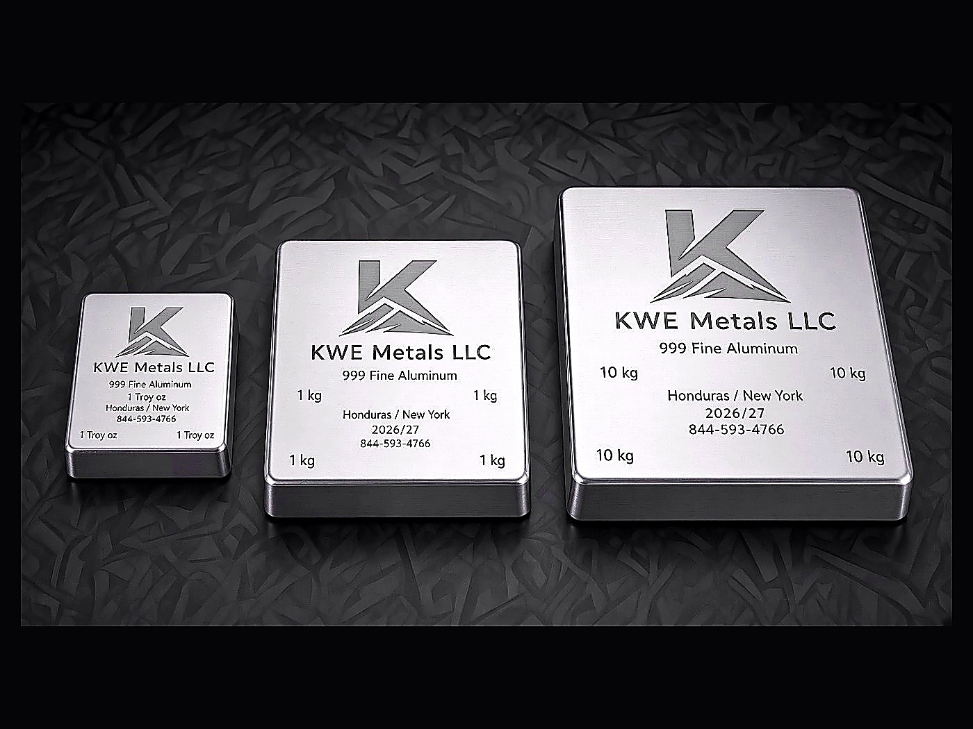 Three brushed silver KWE Metals 999 fine aluminium ingots in ascending sizes on a dark background