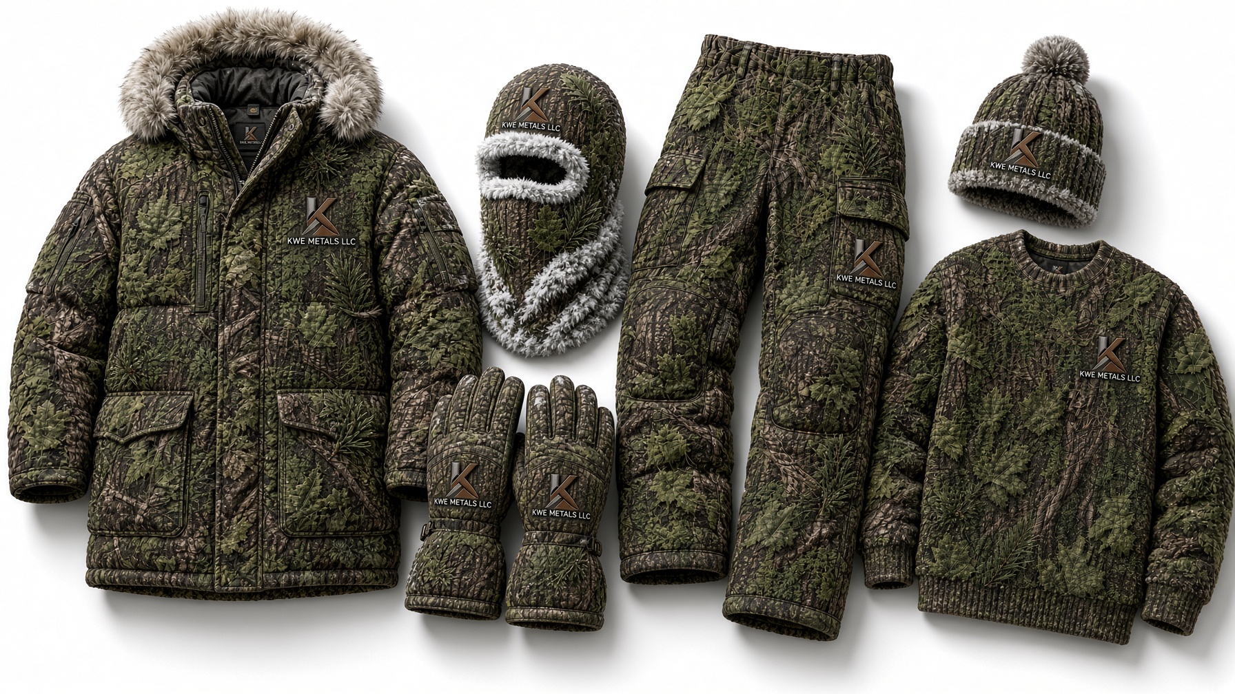 Green camo parka, pants, sweater, beanie and gloves