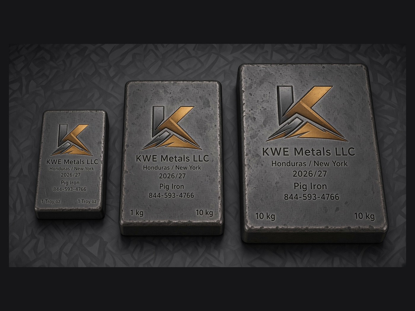 Three rough grey KWE Metals branded pig iron ingots in ascending sizes on a dark textured surface