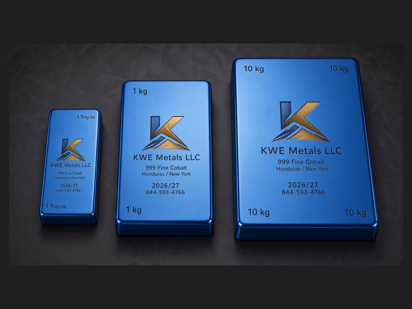 Three blue KWE Metals branded 999 fine cobalt bars in one ounce, one kilo and ten kilo sizes