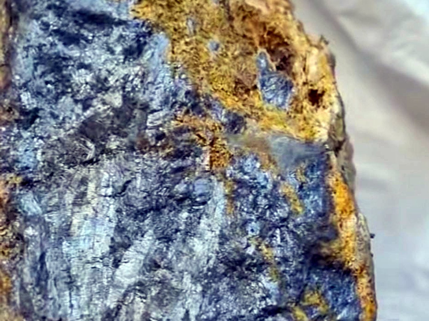Rough grey and gold-flecked polymetallic sulphide ore specimen photographed close up in a sample bag