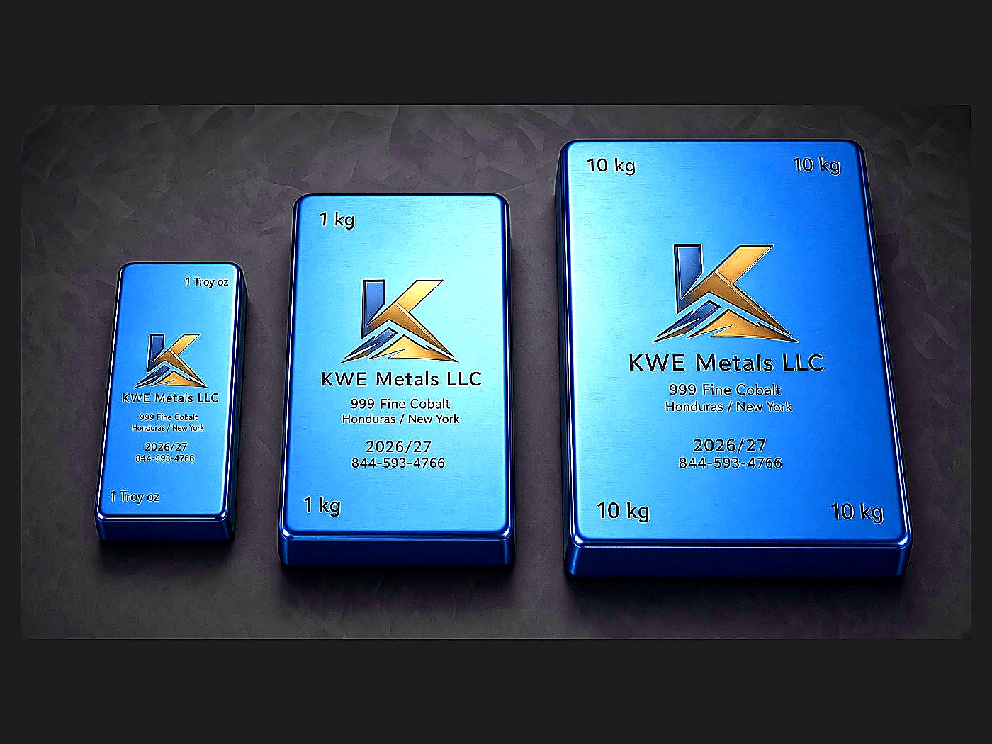 Three blue KWE Metals branded 999 fine cobalt bars in one ounce, one kilo and ten kilo sizes