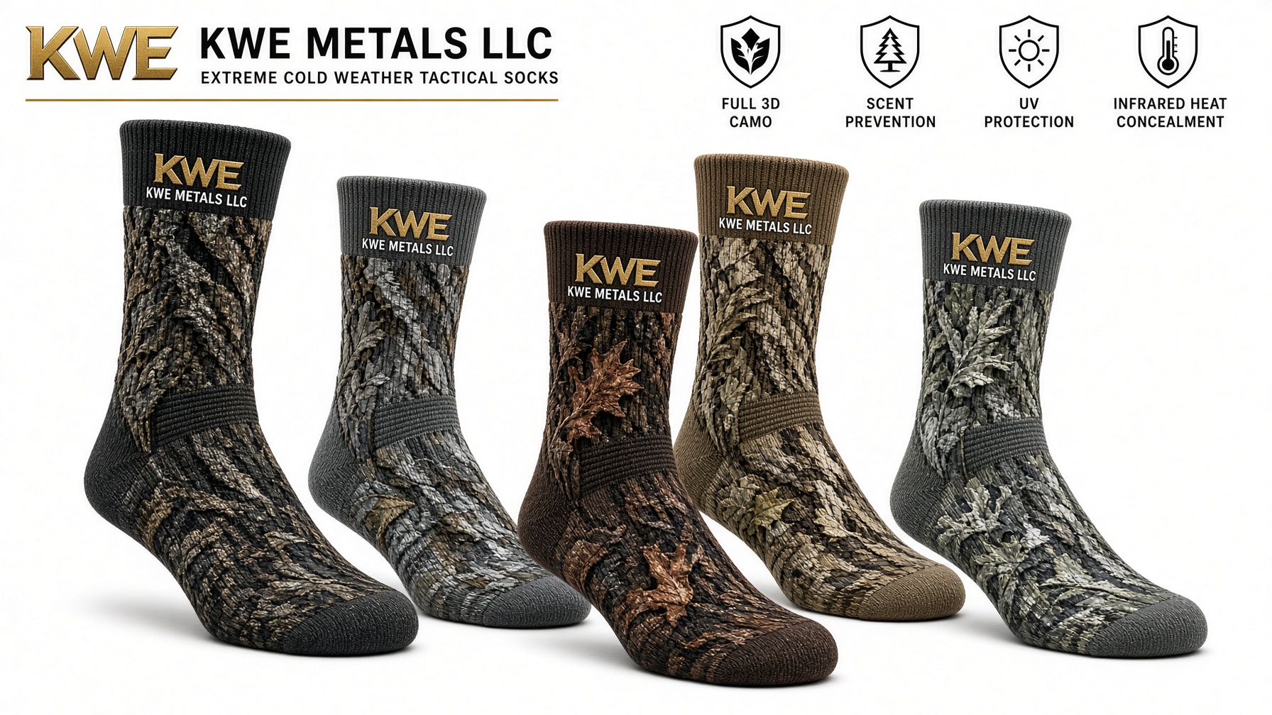 KWE Metals camo socks in several patterns