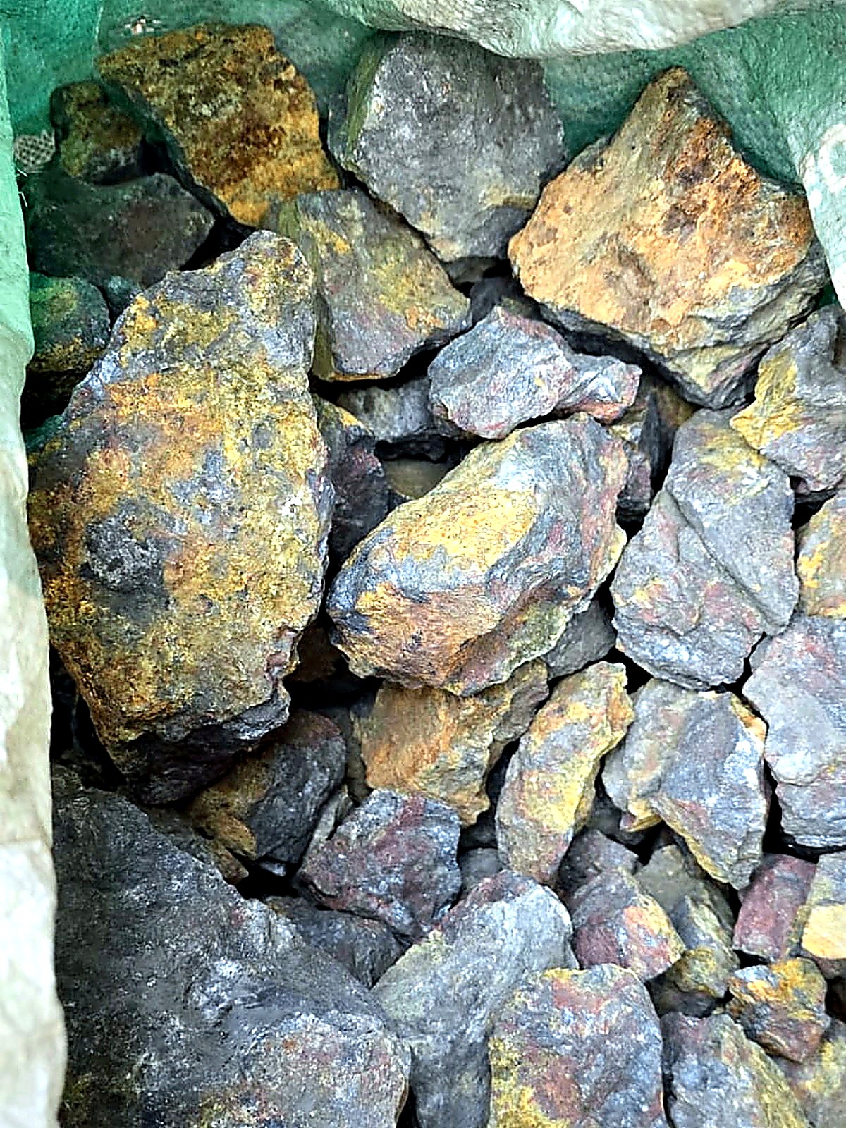 Bulk sack of hand-sorted ore chunks showing grey sulphide and yellow-brown oxidised surfaces
