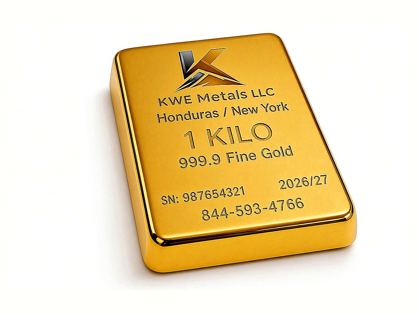 A polished KWE Metals 1 kilo 999.9 fine gold bar with engraved logo and serial number on white