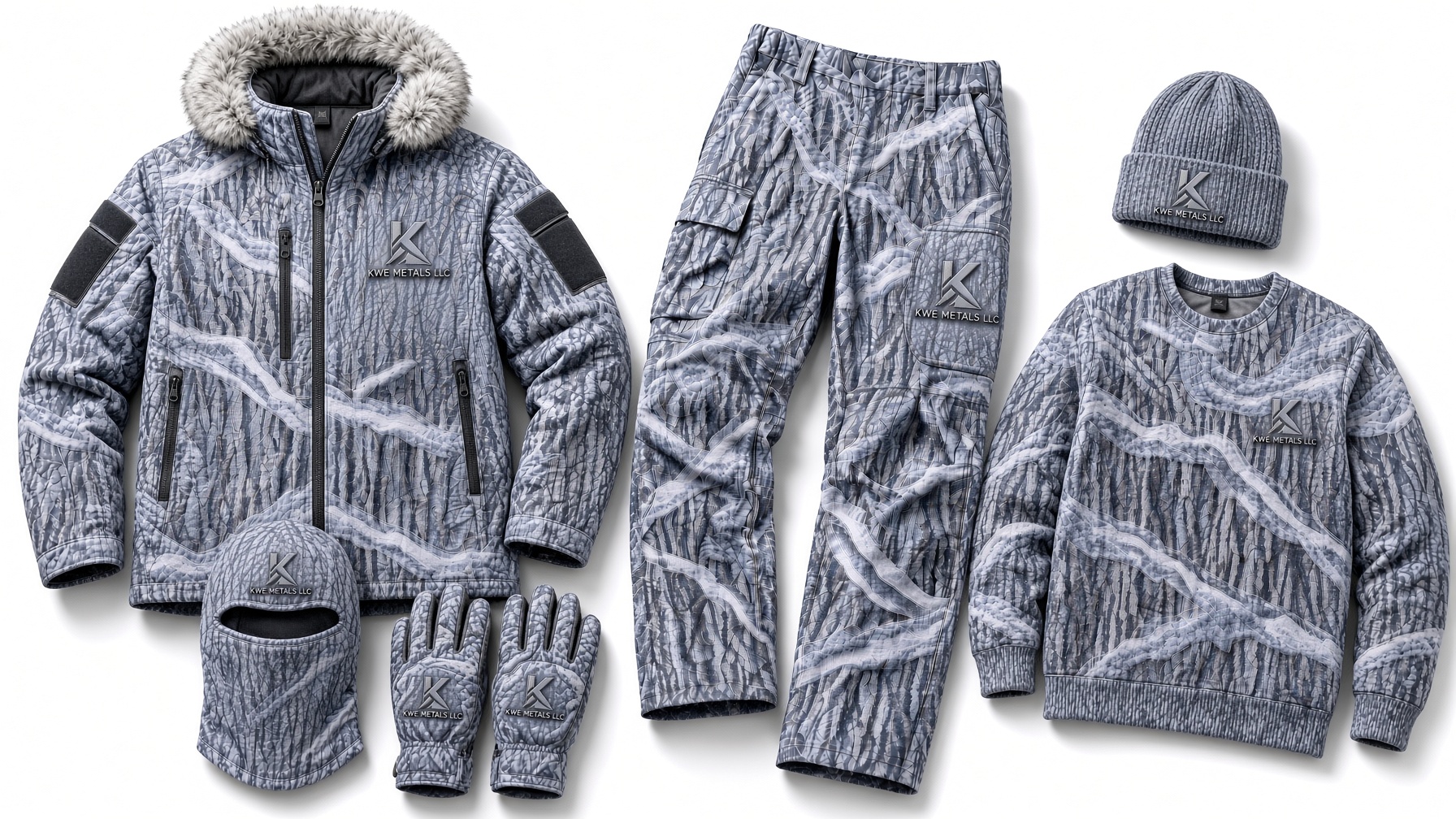 Snow camo parka, pants, sweater, beanie and gloves