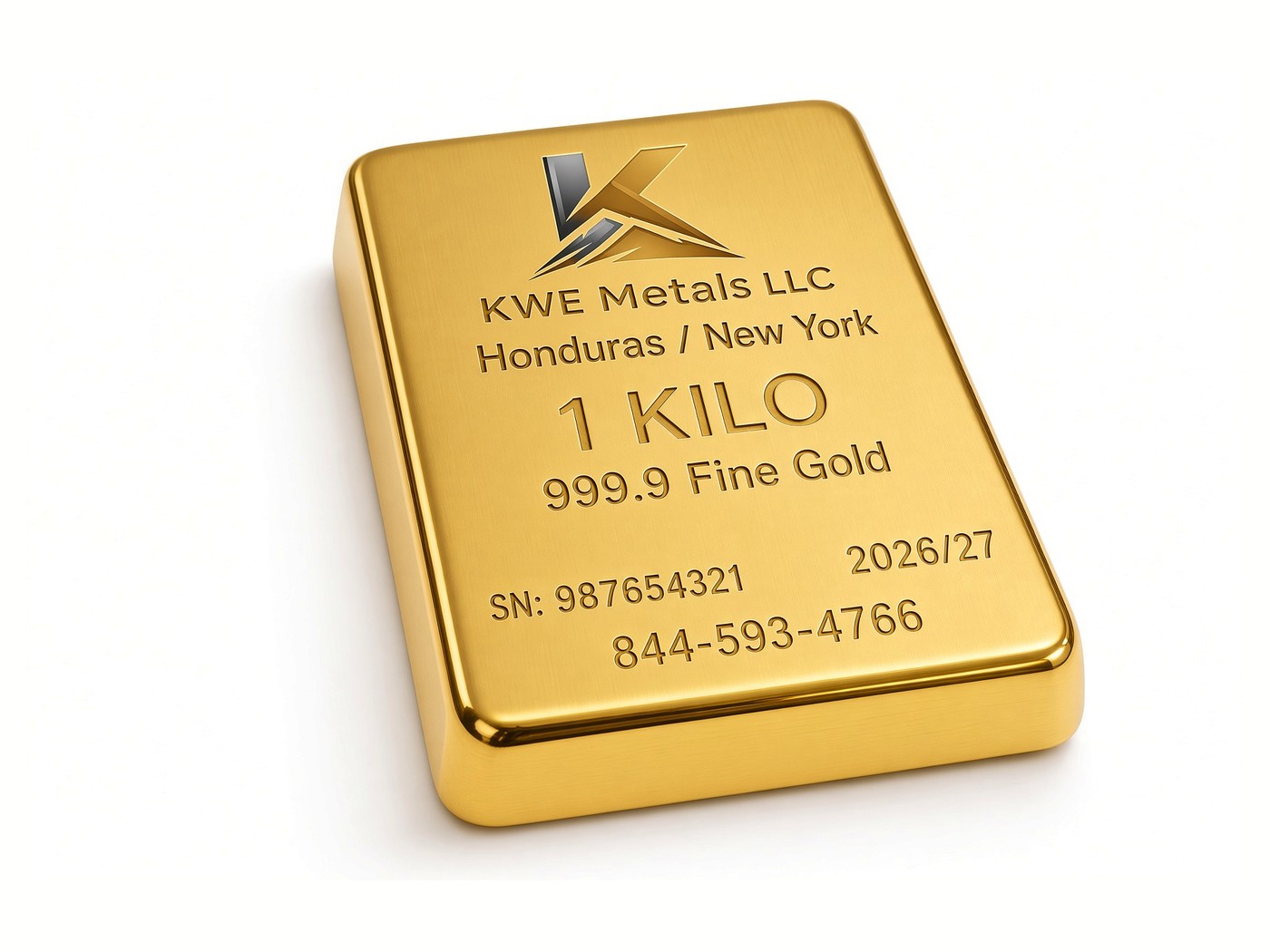 A polished KWE Metals 1 kilo 999.9 fine gold bar with engraved logo and serial number on white