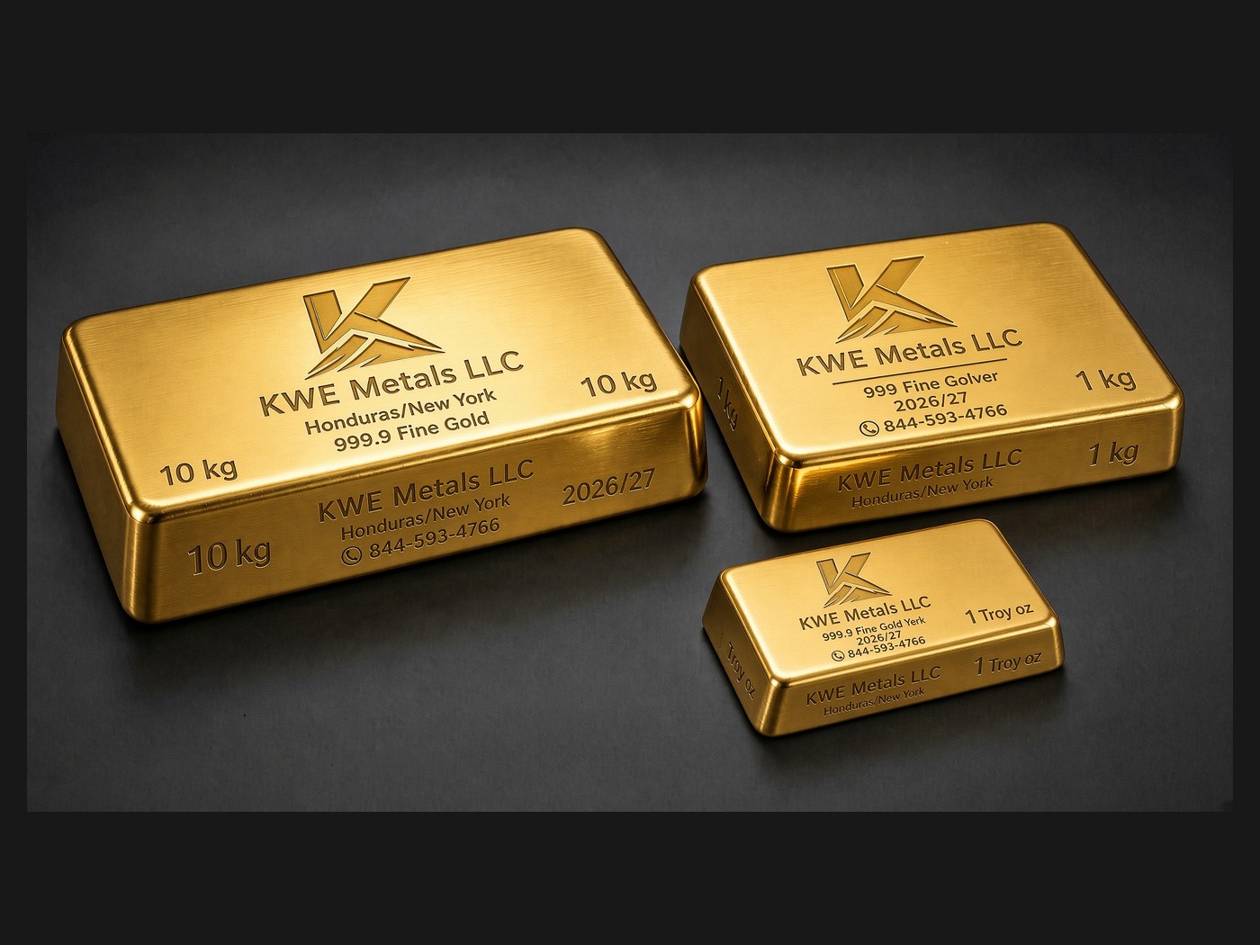 Three KWE Metals branded 999.9 fine gold bars in 10 kg, 1 kg and 1 troy ounce sizes on a dark surface