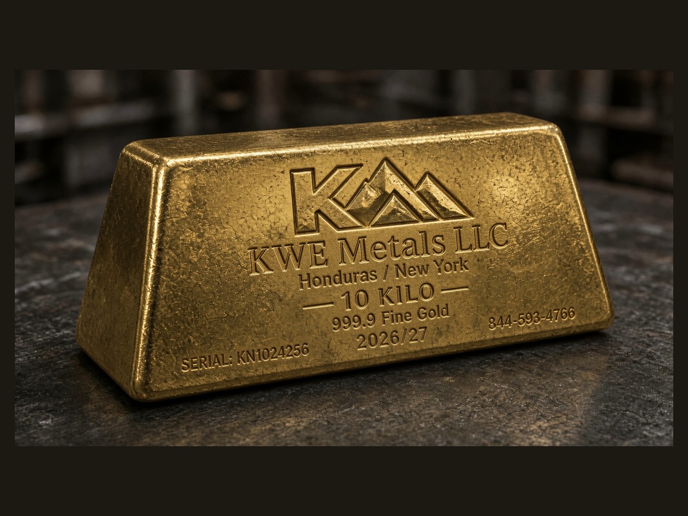 A serialised KWE Metals 10 kilo 999.9 fine cast gold bar stamped with logo and serial number KN1024256