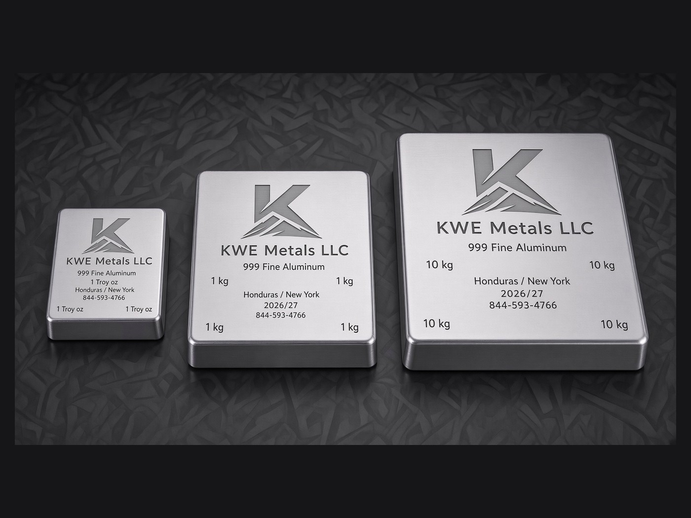Three brushed silver KWE Metals 999 fine aluminium ingots in ascending sizes on a dark background