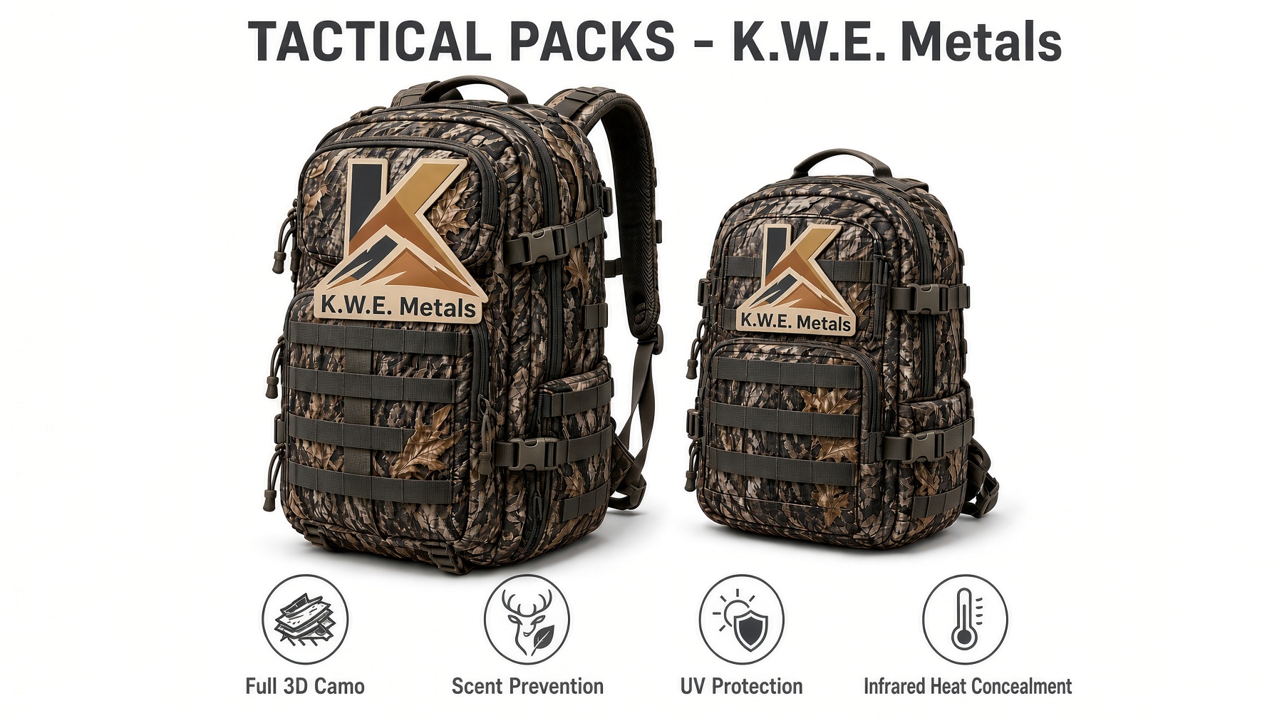 K.W.E. Metals tactical packs in 3D camo