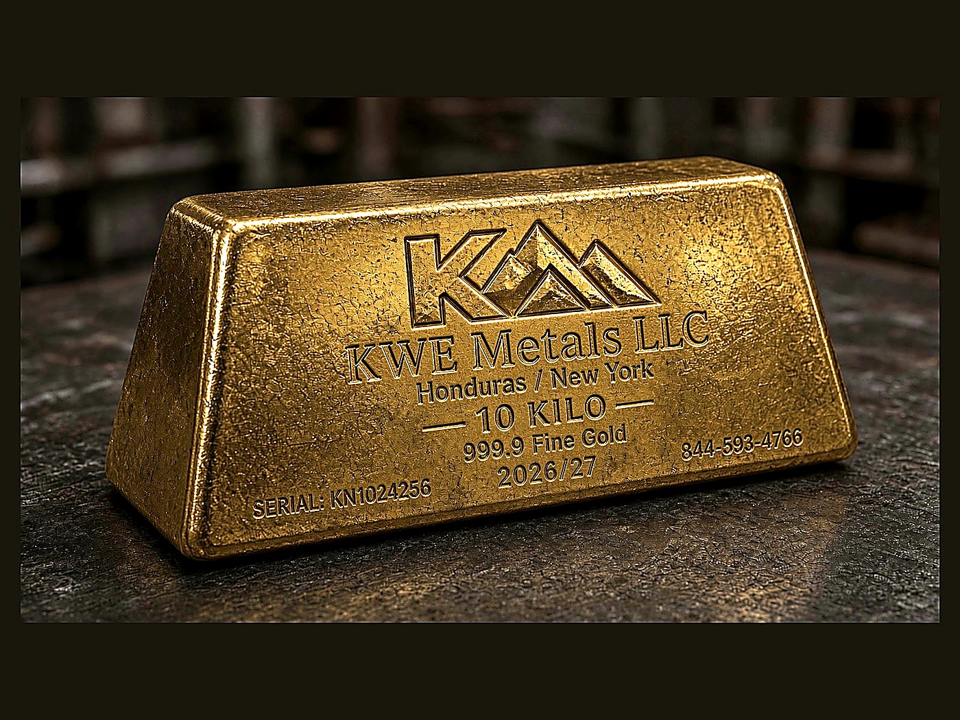 A serialised KWE Metals 10 kilo 999.9 fine cast gold bar stamped with logo and serial number KN1024256