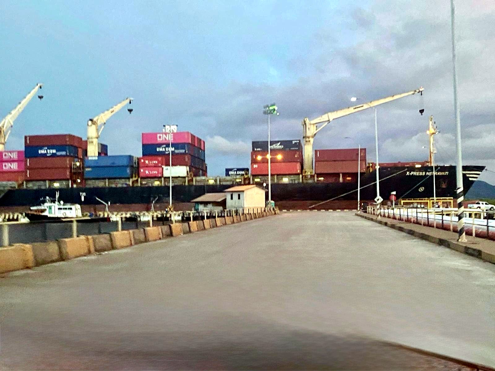 Gantry cranes loading shipping containers beside a bulk vessel at a Central American export berth