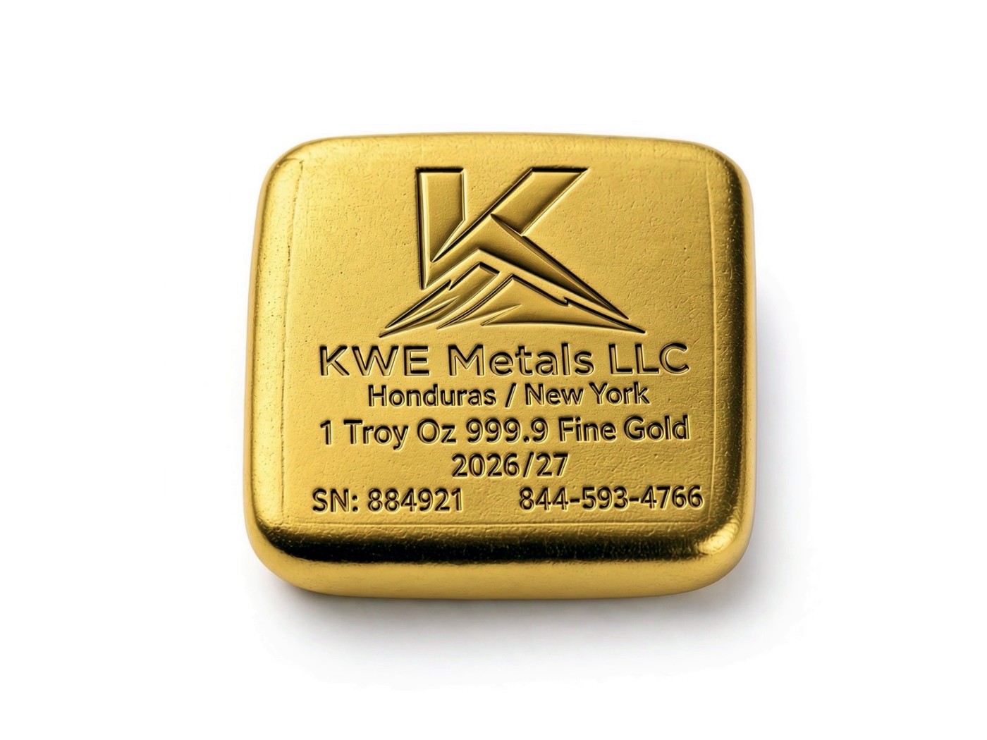 A serialised one troy ounce 999.9 fine gold bar stamped with the KWE Metals LLC logo, Honduras and New York