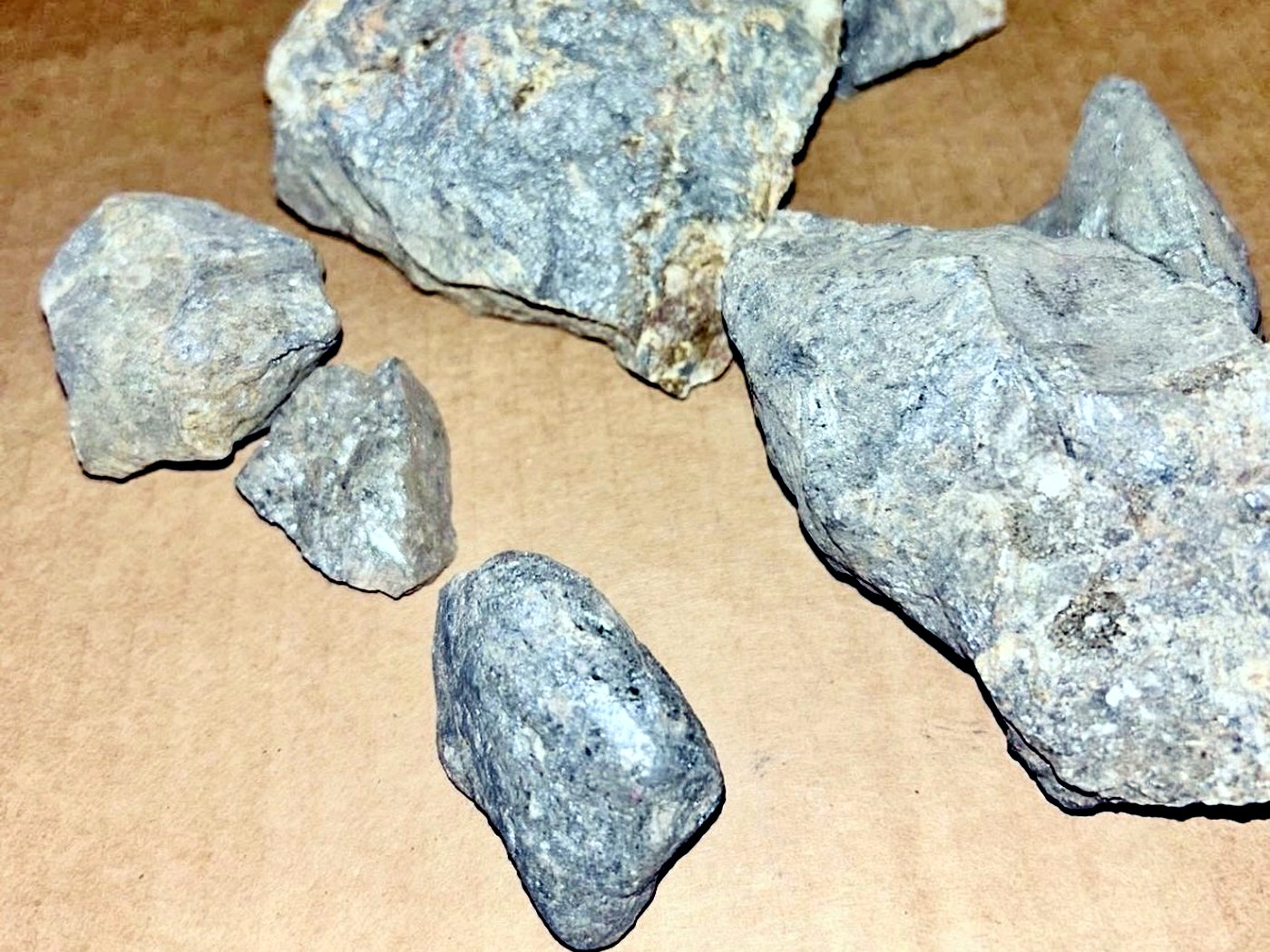 Several grey and tan pieces of quartz-veined host rock laid out for sampling on a brown paper sheet