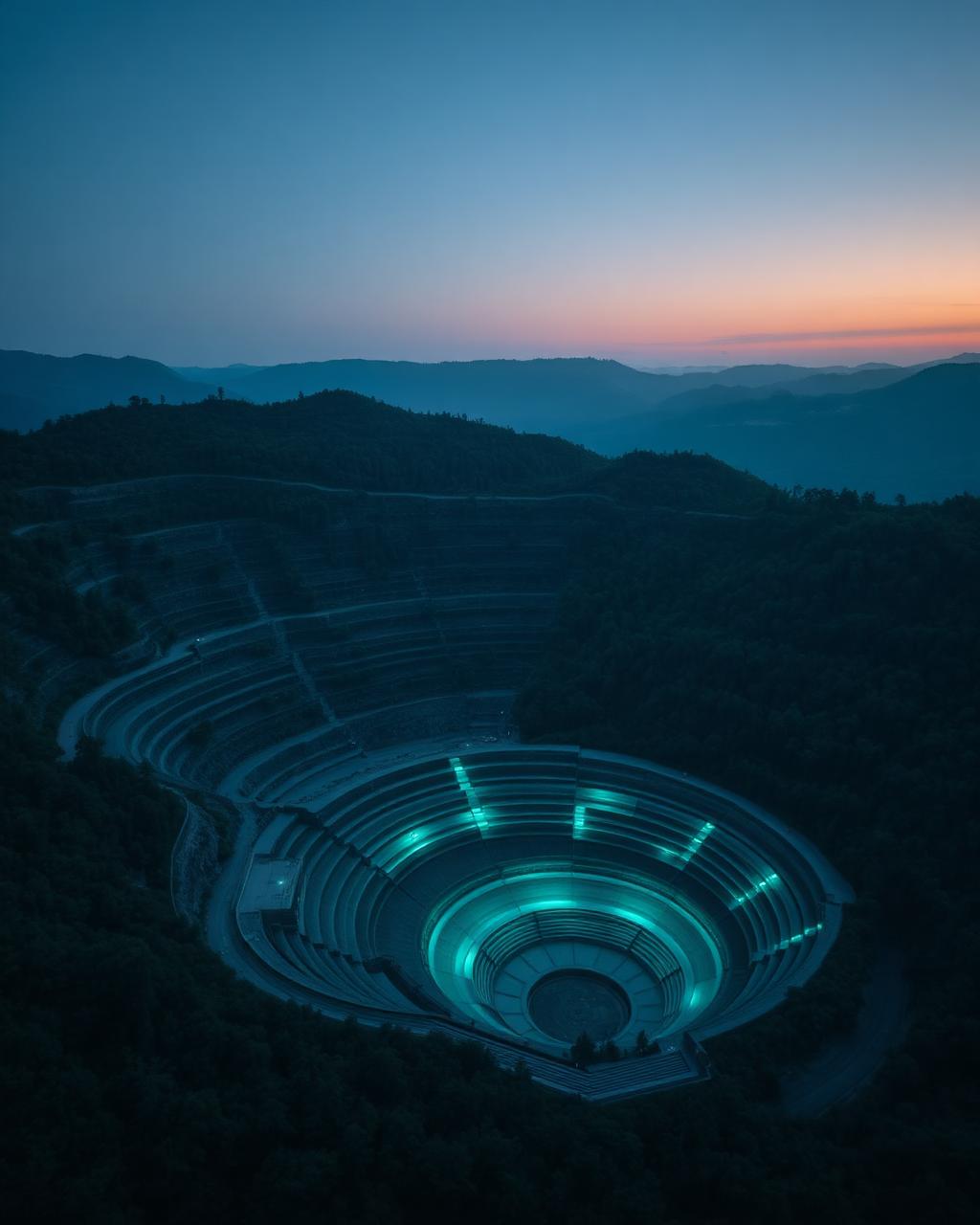 Aerial view of a terraced KWE Metals open-pit mine at dusk, lit in teal, surrounded by restored green hills