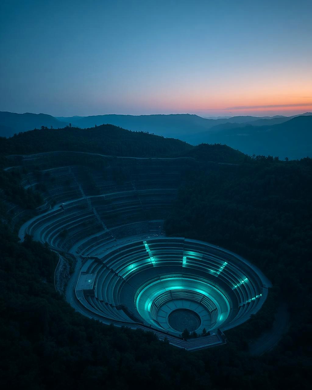 Aerial view of a terraced KWE Metals open-pit mine at dusk, lit in teal, surrounded by restored green hills