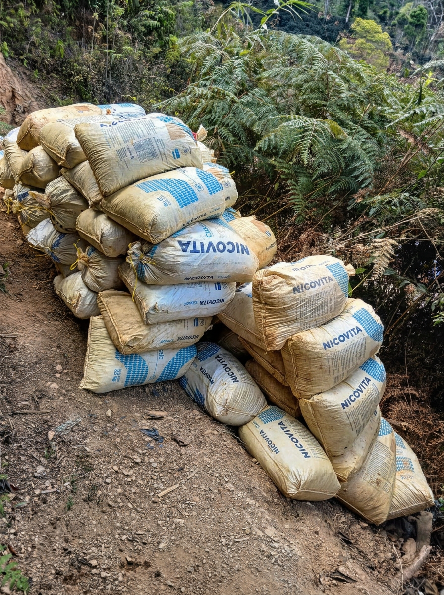 Stacked filled ore sacks beside a vegetated field path