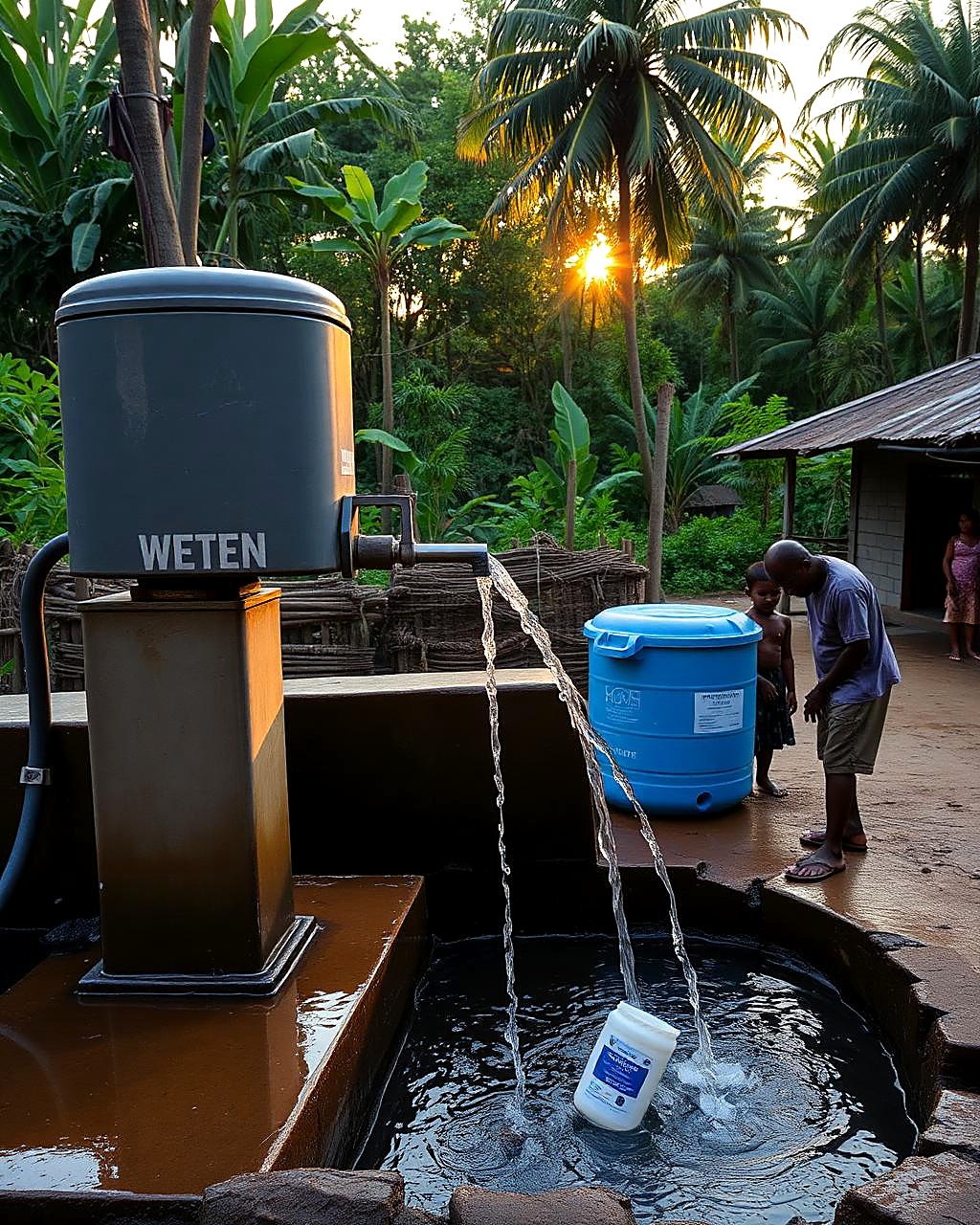 A community water filtration and storage plant built beside a green hillside next to a mining community