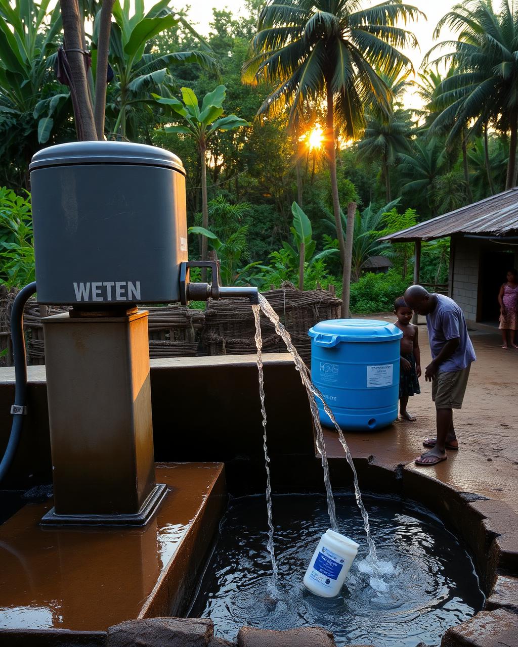 Clean drinking water flowing from a community treatment unit built by KWE Metals in a tropical village at golden hour